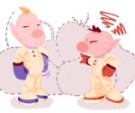  2boys angry annoyed blonde_hair blue_gloves brown_hair buttons cherry clenched_hand closed_eyes closed_mouth crumbs disappearance_outline dotted_line food frown fruit full_body furrowed_brow gloves glutton hand_on_own_hip hand_on_own_stomach highres looking_at_viewer louie_(pikmin) male_focus motion_lines multiple_boys no_headwear olimar open_mouth oversized_food oversized_object pikmin_(series) pointing pointy_ears raised_inner_eyebrows red_gloves scolding shadow short_hair simple_background spacesuit squiggle standing strawberry sweat unusually_open_eyes very_short_hair white_background yellow_eyes yu_pikmin 