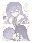 !? 2girls ? absurdres alternate_hair_length alternate_hairstyle animal_ear_fluff animal_ears belle_(zenless_zone_zero) black_hair blue_hair braid earrings fingerless_gloves fox_ears gloves green_eyes green_jacket hair_ornament half_up_braid highres hoshimi_miyabi jacket jewelry letter_hair_ornament long_hair looking_at_another multiple_girls partially_translated red_eyes short_hair spoken_question_mark translation_request white_background zenless_zone_zero zzzii0 