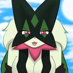 1:1 2025 anthro anthrofied big_breasts breast_curtains breasts bust_portrait digital_media_(artwork) evaacii fangs felid feline female generation_9_pokemon green_body hi_res looking_at_viewer mammal mask meowscarada nintendo open_mouth pokemon pokemon_(species) pokemorph portrait red_eyes simple_background smile solo teeth wearing_mask