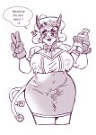 2_tails animal_humanoid anthro beret bodily_fluids bottle bottomwear bovid bovid_humanoid bovine bovine_humanoid bow_ribbon breasts cammypuppy cattle_humanoid cleavage clothed clothing container cum cum_drip dripping english_text genital_fluids gesture gloves gynomorph hand_gesture handwear hat headgear headwear heart_emoticon hi_res holding_bottle holding_container holding_object horn humanoid intersex lactating lactating_through_clothing looking_at_viewer mammal mammal_humanoid milk milk_bottle milk_container multi_tail skirt smile solo speech_bubble tail talking_to_viewer text v_sign wet wet_clothing
