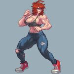  1girl abs ahoge bare_arms bare_shoulders black_tank_top blue_eyes blue_pants borrowed_character breasts cleavage clenched_hands closed_mouth commentary commission crop_top denim english_commentary fighting_stance full_body hand_up jeans large_breasts medium_hair midriff muscular muscular_female no_bra omegachaino original pants pixel_art red_hair red_shoes shoes sideboob sneakers solo standing stomach tank_top tatsugami_reiko_(conceited_raven) thick_thighs thighs tiptoes torn_clothes torn_pants v-shaped_eyebrows 