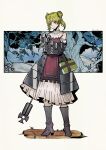  bare_shoulders book boots corset dress gas_mask gauntlets green_hair herheim highres holding holding_mask holding_staff leaf mask red_dress sleeveless sleeveless_dress staff tatiana_(unicorn_overlord) tree twintails unicorn_overlord white_background 