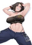  1girl abs absurdres armpits bare_shoulders black_panties black_tube_top blonde_hair blue_eyes blue_pants breasts brown_hair eve-80 highleg highleg_panties highres large_breasts multicolored_hair muscular muscular_female myth1carts navel_piercing panties pants piercing second-party_source short_hair solo strapless tube_top two-tone_hair underwear vfleet virtual_youtuber zipper 