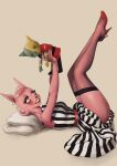 absurd_res anthro belt canid canine canis cheek_markings clothed clothing colored_nails digital_media_(artwork) digital_painting_(artwork) dress ear_piercing ear_ring eyelashes eyeshadow facial_markings female footwear freckles happy head_markings hi_res high_heels holding_object legs_up legwear lipstick makeup mammal markings nails nephele_vetti painting_(artwork) paisleyrose103 pattern_clothing piercing pillow pink_among_blood_red_roses pink_body pinup plushie pose red_belt red_clothing red_eyes red_footwear red_high_heels red_lipstick red_nails ring_piercing rose_paisley shoes solo stockings striped_clothing stripes tuft wolf