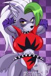 abs absurd_res anthro armwear belt big_breasts black_nose bottomwear bracelet breasts canid canine canis checkered checkered_background cheek_tuft clothed clothing collar ear_piercing ear_ring eyelashes eyeshadow facial_markings facial_tuft female five_nights_at_freddy&#039;s five_nights_at_freddy&#039;s:_security_breach front_view fur green_highlights grey_body grey_fur hair hands_behind_head head_markings hi_res highlights_(coloring) huge_breasts inner_ear_fluff jewelry long_hair looking_at_viewer makeup mammal markings mobian_monster muscular muscular_anthro muscular_female orange_eyes pattern_armwear pattern_background pattern_clothing piercing purple_armwear purple_background purple_body purple_clothing purple_eyeshadow purple_fur red_bottomwear red_clothing red_topwear ring_piercing roxanne_wolf scottgames shoulder_pads simple_background small_waist solo spiked_belt spiked_bracelet spiked_collar spikes steel_wool_studios striped_armwear striped_clothing stripes thick_thighs topwear tuft white_hair wide_hips wolf