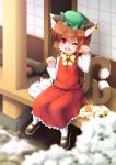  1girl animal_ear_piercing animal_ears black_shoes blurry blurry_foreground breasts brown_eyes brown_hair cat cat_ears cat_girl cat_tail chen commentary_request earrings fang green_hat hat highres jewelry kaenbyou_rin kaenbyou_rin_(cat) long_skirt mob_cap neko_usagi nekomata one_eye_closed open_mouth paw_pose red_skirt shoes shouji single_earring sitting skin_fang skirt skirt_set sliding_doors smile solo tail touhou 