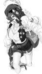 1boy 1girl aleph_(reverse:1999) belt_pouch bracelet breasts cape cleavage collared_shirt cropped_legs f_(thefallenff) feet_out_of_frame gloves greyscale grin hand_on_another&#039;s_face hand_up hat hat_feather highres jewelry looking_to_the_side medium_breasts monochrome newsboy_cap open_clothes open_vest pantyhose pouch recoleta_(reverse:1999) reverse:1999 shirt short_shorts shorts smile solo_focus vest white_background 