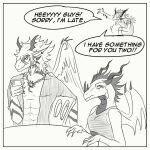  1:1 aetherioux_(nuree_art) anthro asian_mythology black_and_white border clothing comic comic_panel costume dialogue dragon east_asian_mythology eastern_dragon english_text felisal_(nuree_art) female group humor line_art looking_at_another male marchy_(nuree_art) monochrome mythology nuree_art scalie sketch speech_bubble text trio western_dragon white_border 