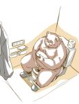  2022 anthro bathroom belly big_belly cellphone clothed clothing eyewear glasses kemono male mammal masturbation overweight overweight_male partially_clothed phone sitting smartphone solo takagi_kyou toilet underwear underwear_down ursid 
