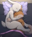  absurd_res anthro bed bedding blanket canid canine canis cuddling curled_tail domestic_dog duo ears_back finnish_spitz furniture geno28 hand_on_chin hand_on_ear hi_res joel_johansson_(geno28) lagomorph leporid male male/male mammal neck_tuft nude nude_male oswald_stomper_(geno28) pillow pivoted_ears rabbit sleeping spitz tagme tail tuft watermark 