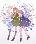  2girls akarakuyou bang_dream! bang_dream!_it&#039;s_mygo!!!!! black_ribbon blue_hair bow brown_eyes closed_mouth flower grey_hair hair_ribbon highres holding holding_notebook instrument keyboard_(instrument) long_hair long_sleeves maracas multiple_girls notebook ribbon school_uniform sheet_music shoes short_hair sidelocks signature skirt socks takamatsu_tomori togawa_sakiko twitter_username yellow_eyes 