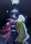  1boy 1girl anmaki belt black_hair black_jacket blue_eyes buttons closed_mouth cowboy_shot demon_slayer_uniform half-closed_eyes haori highres jacket japanese_clothes katana kimetsu_no_yaiba kochou_shinobu long_hair male_focus ponytail puffy_pants sheath sheathed spiked_hair sword tomioka_giyuu weapon white_belt 