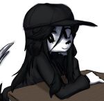  alpha_channel anthro arm_support black_eyes black_hair black_nose bridgette_(thighlordash) canid canine canis clothing desk domestic_dog eyelashes female floppy_ears fur furniture hair hair_over_eye hand_on_head hat headgear headwear hoodie hunting_dog long_hair looking_aside mammal one_eye_obstructed pupils simple_background smile solo table terrier thighlordash topwear transparent_background white_body white_fur white_pupils 
