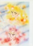  1990s_(style) 2girls absurdres aino_minako airbrush_(medium) artbook blonde_hair border bow choker earrings gold_choker hair_bow highres hino_rei incredibly_absurdres jewelry lips multiple_girls official_alternate_hair_color official_art orange_eyes orange_sailor_collar pale_skin red_choker red_eyes red_hair red_lips retro_artstyle sailor_collar sailor_jupiter sailor_mars scan star_(symbol) star_earrings takeuchi_naoko white_hair 
