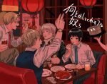  1other 4boys ahoge alcohol america_(hetalia) anger_vein annoyed arm_up axis_powers_hetalia back bar_censor beer black-framed_eyewear black_eyes black_hair black_jacket black_necktie black_pants blonde_hair blue_eyes blue_necktie blue_vest bottle bowl breast_pocket censored chi9wa chinese_restaurant chopsticks clenched_hand closed_eyes closed_mouth cola commentary_request couch cup drinking_glass dumpling eating false_smile flower_knot food formal_clothes glasses green_eyes green_pants grey_hair half-closed_eyes hand_up highres holding holding_chopsticks holding_cup holding_tray indoors jacket japan_(hetalia) jiaozi lantern long_sleeves looking_at_another looking_at_food looking_down male_focus meat middle_finger multiple_boys necktie notice_lines on_couch open_clothes open_jacket open_mouth pants paper_lantern plate pocket red_necktie restaurant rice russia_(hetalia) scarf semi-rimless_eyewear shirt short_hair sitting smile soup soy_sauce soy_sauce_bottle suit suit_jacket table tassel tissue tray united_kingdom_(hetalia) vest watch white_scarf white_shirt window wristwatch 