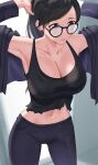  1girl adjusting_hair armpits arms_up black_hair black_shirt breasts cleavage closed_mouth collarbone commission cowboy_shot english_commentary forehead frown glasses highres large_breasts legs_apart minakata_hizuru mole mole_under_eye mole_under_mouth navel pants ponytail purple_eyes rythm_sync shirt sleeveless sleeveless_shirt solo summertime_render 