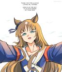  1girl absurdres animal_ears armband blue_eyes blue_jacket bow brown_hair ear_bow ear_ornament ear_ribbon english_text grass_wonder_(umamusume) griwinth highres horse_ears horse_girl jacket long_hair long_sleeves looking_at_viewer multicolored_hair open_mouth red_armband sailor_collar smile solo tail umamusume upper_body white_hair 