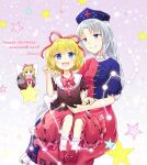  2girls :d back_bow black_shirt blonde_hair blue_dress blue_eyes blue_hat bow bowtie braid collar commentary_request constellation constellation_print doll dress fairy_wings frilled_collar frills grey_hair hair_ribbon happy_birthday hat holding holding_star light_blush long_hair looking_at_another looking_up medicine_melancholy mito_tsubaki multiple_girls nurse_cap pink_background red_bow red_bowtie red_dress red_ribbon red_shoes red_skirt ribbon shirt shoes short_hair single_braid sitting sitting_on_lap sitting_on_person skirt smile socks star_(sky) star_(symbol) starry_sky_background su-san touhou two-tone_dress white_bow white_collar white_socks wings yagokoro_eirin 