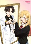  ;d absurdres anime_coloring black_choker black_hair black_shirt black_sweater blonde_hair blue_skirt choker collared_shirt copyright_name copyright_notice ear_piercing earrings eyeliner four-finger_heart_hands grey_eyes heart heart_hands heart_hands_duo highres jacket jewelry kitagawa_marin kougami_rei light_blush long_hair looking_at_viewer magazine_scan makeup mirror necktie newtype official_art one_eye_closed open_mouth pants parted_bangs parted_lips piercing pleated_skirt red_eyes red_necktie scan school_uniform shirt short_hair sidelocks skirt smile sono_bisque_doll_wa_koi_wo_suru suit suit_jacket sweater vest waistcoat white_necktie white_pants white_shirt white_suit white_vest yamazaki_jun 