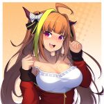  1girl :d ahoge bangs blonde_hair blunt_bangs blush bow breasts camisole cleavage dragon_girl dragon_horns hair_bow hair_intakes highres hololive horns jacket kiryu_coco large_breasts long_hair multicolored_hair open_mouth orange_hair partially_unzipped red_eyes red_jacket smile solo strap_slip track_jacket twintails two-tone_hair v-shaped_eyebrows very_long_hair virtual_youtuber white_camisole yorunaku_tanishi 