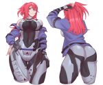  1girl absurdres ass black_bodysuit bodysuit breasts covered_navel english_commentary frigg_(tower_of_fantasy) hamzes hands_on_hips highres leaning_forward medium_breasts mole mole_under_eye multiple_views off_shoulder ponytail red_eyes red_hair smile tower_of_fantasy white_background 