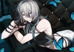  1boy absurdres aqua_eyes aqua_hair black_shirt blue_butterfly bug butterfly couch crop_top gloves grey_hair highres long_hair looking_at_viewer lying male_focus multicolored_hair on_couch on_stomach open_mouth original pants shirt smile solo teeth white_pants wu_(user_sevs2252) 