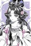  1girl calligraphy_brush chinese_clothes facial_mark falling_petals flower forehead_mark greyscale_with_colored_background hagoromo hair_bun hair_flower hair_ornament hand_up hanfu highres holding holding_calligraphy_brush holding_paintbrush huadian jewelry jiu_niangzi jiu_niangzi_(blossom_spring_fairy) long_hair looking_at_viewer necklace official_alternate_costume paintbrush parted_bangs petals pink_flower purple_background purple_flower reverse:1999 sample_watermark shawl smile solo spot_color upper_body watermark youbao_pipa_banzhemian 