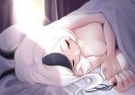  1girl absurdres bed black_hair blue_archive breasts closed_eyes closed_mouth commentary_request curtains day highres holding indoors kayoko_(blue_archive) lying multicolored_hair nipples on_side pillow small_breasts solo sunlight tananne two-tone_hair under_covers upper_body white_hair 
