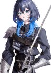  1girl absurdres alternate_costume armor blue_eyes blue_hair blue_jacket crossed_bangs gauntlets glint hair_between_eyes highres holding holding_sword holding_weapon hololive hololive_english jacket long_hair long_sleeves looking_at_viewer massiveyog ouro_kronii parted_lips pauldrons shoulder_armor single_pauldron sitting solo sword twitter_username virtual_youtuber weapon white_background 