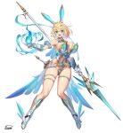  1girl ahoge alternate_ears animal_ear_hairband animal_ears aqua_eyes blonde_hair blush breasts covered_navel curvy earrings elf fake_animal_ears full_body gauntlets hairband highleg highleg_leotard highres holding holding_polearm holding_weapon huge_breasts jewelry leotard looking_at_viewer original pointy_ears polearm rabbit_ear_hairband rabbit_ears skindentation smile solo sophia_f_shirring spear takamine_nadare thick_thighs thigh_strap thighs weapon 