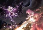  2girls absurdres armor battle blonde_hair deathpolca demons_roots dress flat_chest galoluise highres holding holding_sword holding_weapon king_exit knight long_hair looking_at_another multiple_girls pink_hair plant second-party_source side_ponytail sky smile sword thighhighs uof very_long_hair vines weapon wings 