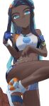  1girl absurdres aqua_eyes armlet belly_chain bike_shorts black_hair blue_gloves blue_hair closed_mouth commentary_request dark-skinned_female dark_skin dynamax_band earclip earrings eyelashes gloves highres hoop_earrings jewelry leg_up looking_down multicolored_hair necklace nessa_(pokemon) nmm pokemon pokemon_swsh sandals sidelocks single_glove solo sports_bra toes two-tone_hair white_background 