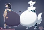  absurd_res african_wild_dog anthro arctic_fox arm_warmers armwear belly belly_inflation big_belly blush canid canine claire_(xausr32) clothing duo eyewear female footwear fox glasses hi_res hyper hyper_belly inflation legwear mammal nude pinktabico russell_(xaus32) socks thigh_highs thigh_socks 