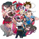  6+boys 6+girls :d :o absurdres asamiya_athena black_gloves black_hair bracelet bright_pupils brown_eyes brown_hair bun_cover capcom chun-li clenched_hand copyright_notice cropped_legs cropped_shoulders double_bun edward_fokker fatal_fury fingerless_gloves fire frown glasses gloves grey_eyes hair_bun hairband headband highres holding holding_weapon ichimonji_batsu jewelry june_lin_milliam justice_gakuen kagami_kyousuke kanzaki_hayato_(star_gladiator) kasugano_sakura kusanagi_kyou long_hair looking_at_viewer looking_to_the_side multiple_boys multiple_girls nakoruru nishimura_kinu non-web_source official_art purple_hair red_gloves red_hairband red_headband ryu_(street_fighter) samurai_spirits shiranui_mai short_hair simple_background smile snk spiked_bracelet spikes star_gladiator street_fighter the_king_of_fighters wakaba_hinata weapon white_background white_headband white_pupils 