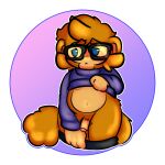 anthro belly bloons_tower_defense blush cheek_tuft clothed clothing clothing_lift etienne_(bloons) eyewear facial_tuft fluffy fluffy_tail genitals glasses haplorhine head_tuft hi_res lowered_pants male mammal monkey navel ninja_kiwi penis presenting presenting_penis primate raised_clothing small_penis solo solo_focus sweater sweater_lift tail topwear tuft tuvandalist wearing_glasses