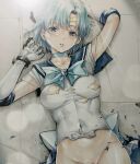  1girl back_bow bishoujo_senshi_sailor_moon blue_choker blue_eyes blue_hair blue_sailor_collar blue_skirt bow choker covered_nipples earrings elbow_gloves gloves groin highres jewelry katsu_(24791909) magical_girl marker_(medium) mizuno_ami multiple_girls sailor_collar sailor_mercury sailor_senshi_uniform short_hair skirt solo torn_clothes traditional_media white_gloves 
