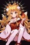  1girl absurdres animal_ear_fluff animal_ears black_background black_panties blush bow closed_mouth collarbone commentary_request commission feet_out_of_frame fire fox_ears fox_tail glint hair_ornament halo halo_behind_head hands_up highres himeyuri_(nyanko_daisensou) japanese_clothes kimono kitsune knees_up long_hair long_sleeves looking_at_viewer magic napo_(napo_illust) nyanko_daisensou off_shoulder orange_eyes orange_hair panties red_bow red_kimono simple_background sitting skeb_commission solo tail thighhighs underwear white_sleeves white_thighhighs wide_sleeves 