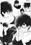  1boy absurdres amamiya_ren animal_on_shoulder bag blush cat cold glasses greyscale grid_print highres jacket looking_to_the_side male_focus mnce_o monochrome morgana_(cat)_(persona_5) morgana_(persona_5) multiple_views pants persona persona_5 scarf school_bag short_hair shoulder_bag simple_background sitting twitter_username white_background 
