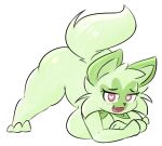 &lt;3 &lt;3_eyes anthro big_breasts big_butt blush breast_squish breasts butt cheek_tuft clothing facial_tuft fangs female fluffy fluffy_tail generation_9_pokemon green_body hi_res jack-o&#039;_pose legwear lhacedor looking_at_viewer narrowed_eyes nintendo paws pokemon pokemon_(species) pose red_eyes smile smiling_at_viewer solo sprigatito squish thick_thighs thigh_highs tuft video_games 