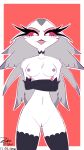  anthro avian beak breasts clothed clothing crossed_arms demon feathers female genitals helluva_boss hi_res looking_at_viewer mature_female nipples partially_clothed pink_eyes pussy smile solo stella_(helluva_boss) thick_thighs white_body white_feathers zenflow 
