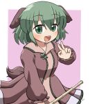  1girl :d animal_ears blush brown_dress commentary_request cowboy_shot dog_ears dog_girl dog_tail dress green_eyes green_hair hand_up kasodani_kyouko long_sleeves looking_at_viewer open_mouth rokugou_daisuke short_hair signature smile tail touhou v 