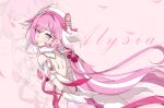  1girl a_feng_feng_feng_jiang back breasts character_name chinese_commentary commentary_request diamond-shaped_pupils diamond_(shape) dress earrings elf elysia_(honkai_impact) falling_petals hat heart heart_earrings highres honkai_(series) honkai_impact_3rd jewelry long_hair looking_at_viewer medium_breasts miyoushe_watermark multicolored_hair petals pink_background pink_dress pink_hair pointy_ears purple_eyes smile solo symbol-shaped_pupils two-tone_hair very_long_hair watermark white_hair white_hat 
