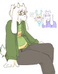 anthro asriel_dreemurr carol_holiday catjamn clothed clothing daughter_(lore) deltarune dialogue eyewear female glasses hair horn looking_at_viewer mother_(lore) parent_(lore) pattern_clothing ponytail shocked sitting sketch slightly_chubby solo striped_clothing stripes toriel trans_(lore) trans_woman_(lore) transphobia undertale undertale_(series)