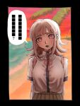  1girl absurdres beach blush breasts brown_hair collared_shirt danganronpa_(series) danganronpa_2:_goodbye_despair flipped_hair highres looking_at_viewer medium_hair nanami_chiaki neck_ribbon no_hair_ornament palm_tree pink_eyes pink_ribbon rari_wo ribbon shirt shirt_tucked_in solo speech_bubble sweat tree two-tone_shirt white_shirt 