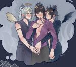  3girls absurdres angel_and_devil armlet baldur&#039;s_gate baldur&#039;s_gate_3 black_dress black_hair blush bracelet braid clone_harem demon_horns demon_wings detached_wings dress dungeons_&amp;_dragons elf frown grey_background halo hand_on_another&#039;s_neck highres holding_another&#039;s_wrist horns jewelry long_hair looking_at_another multiple_girls multiple_persona myinmao open_clothes open_shirt pointy_ears purple_shirt scar scar_on_face shadowheart_(baldur&#039;s_gate) shirt smile white_hair wings yuri 