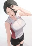 1girl absurdres ano_(gccx8784) armpits asymmetrical_hair bare_arms bare_shoulders black_shorts black_thighhighs breasts breath cleavage collared_shirt commentary_request hair_over_one_eye heavy_breathing highres large_breasts long_bangs lower_teeth_only open_mouth original paid_reward_available parted_bangs see-through_clothes see-through_shirt shirt short_hair short_shorts shorts simple_background sleeveless sleeveless_shirt solo sweat teeth thighhighs tongue white_background yellow_eyes zettai_ryouiki 