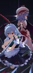  2girls absurdres apron back_bow back_cutout bat_wings between_fingers bow braid chain chinese_commentary closed_mouth clothing_cutout commentary_request dagger english_commentary fang green_bow grey_hair hair_bow hat hat_ribbon highres holding holding_dagger holding_knife holding_polearm holding_weapon izayoi_sakuya knife knives_between_fingers long_hair looking_at_viewer looking_back maid maid_headdress mixed-language_commentary mob_cap multiple_girls pink_hat pink_shirt pink_skirt pocket_watch pointy_ears polearm purple_hair red_bow red_eyes red_ribbon remilia_scarlet ribbon shirt short_sleeves skin_fang skirt smile spear_the_gungnir toast13 touhou twin_braids waist_apron watch weapon white_apron white_bow wings wrist_cuffs 