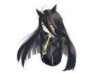  1girl ahoge atasshe black_choker black_shirt choker closed_mouth collared_shirt contrast_collar ear_ornament ear_tag earrings hair_between_eyes highres jewelry long_bangs long_hair long_hair_between_eyes manhattan_cafe_(umamusume) multicolored_hair necktie shirt simple_background single_earring smile solo umamusume very_long_hair white_background white_hair yellow_eyes yellow_necktie 