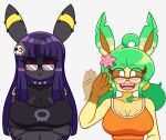 2025 accessory alternative_fashion anthro big_breasts black_clothing black_eyes black_eyewear black_glasses blush body_blush breast_blush breasts brown_eyewear brown_glasses brown_sclera clothing collar crossed_arms digital_media_(artwork) duo duskull ear_piercing eeveelution eyeshadow eyewear fangs female freckled_breasts freckled_face freckles generation_2_pokemon generation_3_pokemon generation_4_pokemon glasses goth gracidea grass green_hair greeting greeting_viewer hair hair_accessory happy hi_res huge_breasts leafeon lipstick long_hair looking_at_viewer luneiumbreon_(mintyspirit) makeup markings mintyspirit nerd nintendo open_mouth orange_clothing piercing pigtails plant pokemon pokemon_(species) purple_hair purple_lipstick red_sclera ring_(marking) serious serious_face smile sunnyleafeon_(mintyspirit) teeth tongue topwear umbreon white_eyes