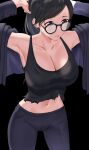  1girl adjusting_hair armpits arms_up black_background black_hair black_shirt breasts cleavage closed_mouth collarbone commission cowboy_shot english_commentary forehead frown glasses highres large_breasts legs_apart minakata_hizuru mole mole_under_eye mole_under_mouth navel pants ponytail purple_eyes rythm_sync shirt simple_background sleeveless sleeveless_shirt solo summertime_render 